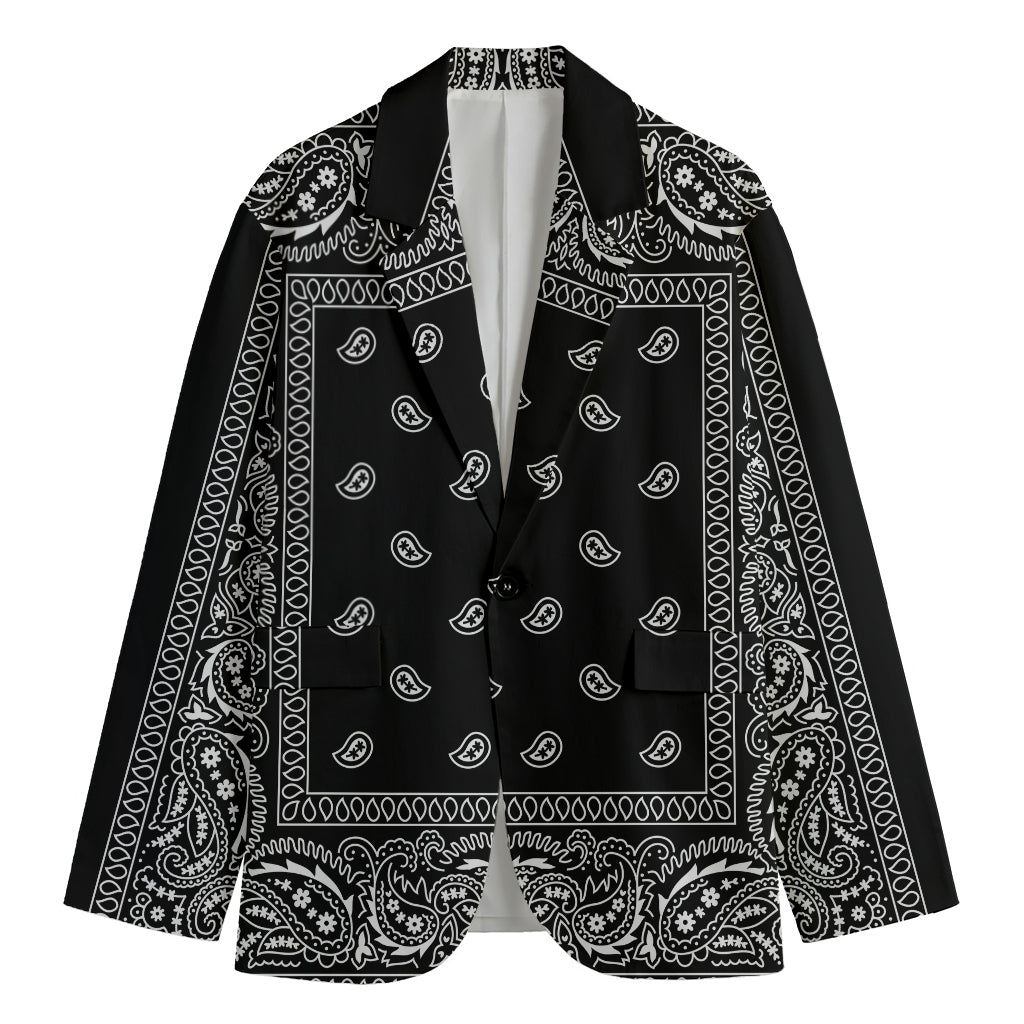 Black And White Paisley Bandana Print Men's Cotton Blazer