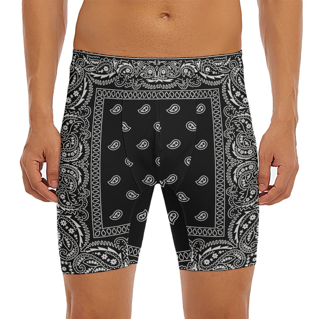Black And White Paisley Bandana Print Men's Long Boxer Briefs