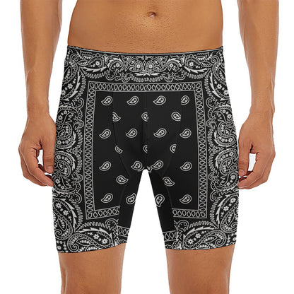 Black And White Paisley Bandana Print Men's Long Boxer Briefs