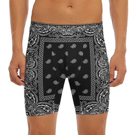 Black And White Paisley Bandana Print Men's Long Boxer Briefs