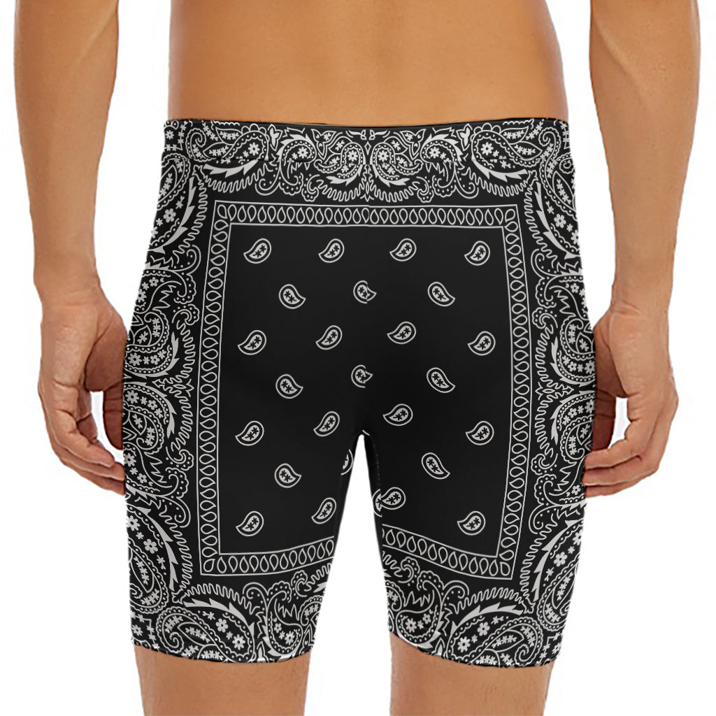 Black And White Paisley Bandana Print Men's Long Boxer Briefs