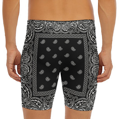Black And White Paisley Bandana Print Men's Long Boxer Briefs