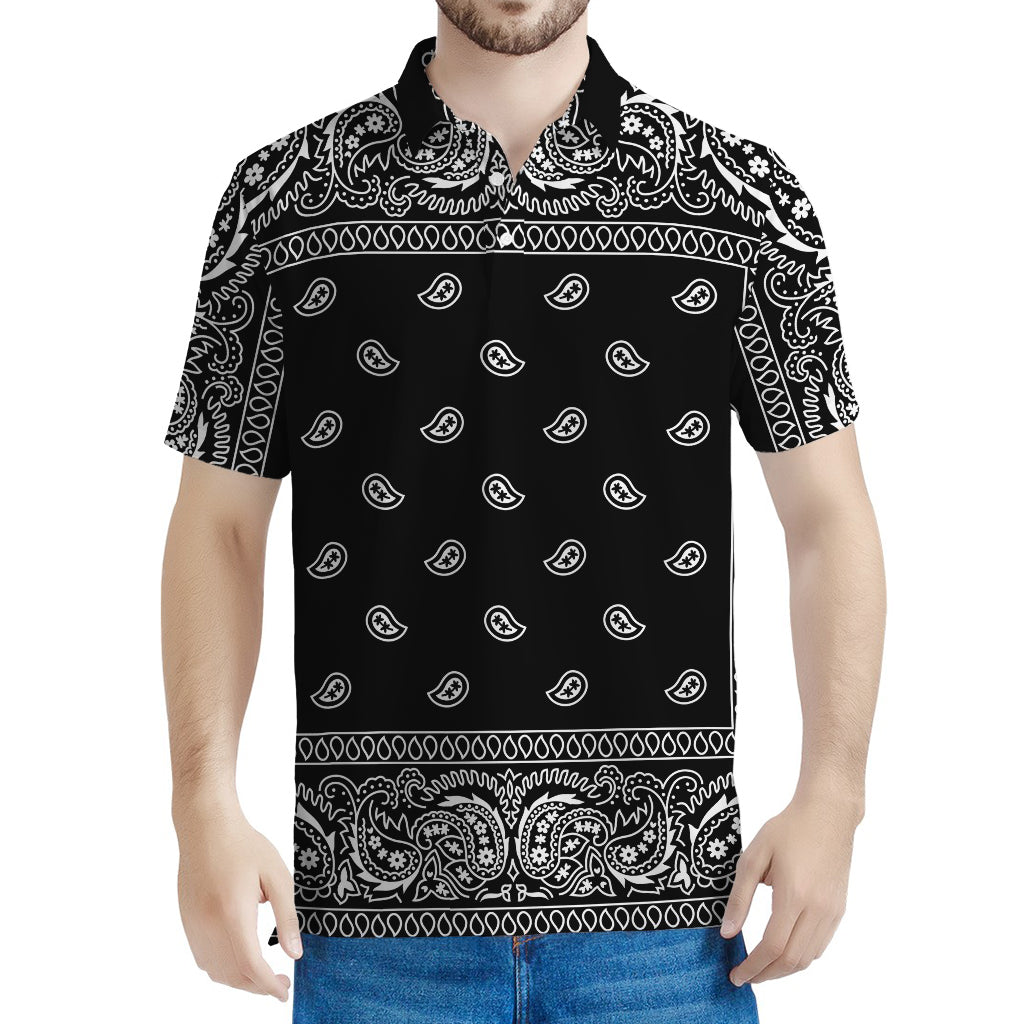 Black And White Paisley Bandana Print Men's Polo Shirt