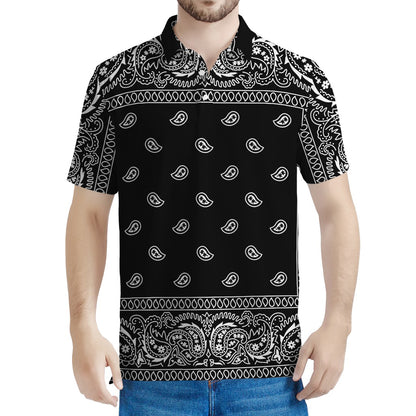 Black And White Paisley Bandana Print Men's Polo Shirt