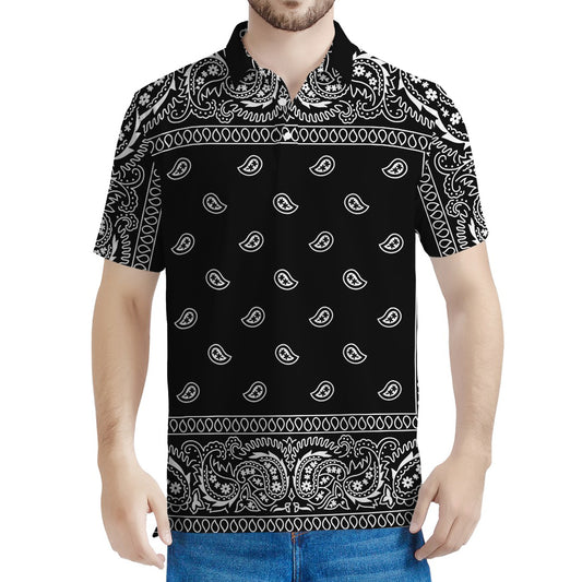 Black And White Paisley Bandana Print Men's Polo Shirt