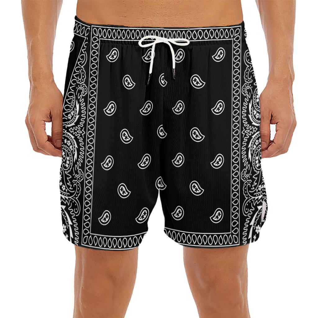 Black And White Paisley Bandana Print Men's Split Running Shorts