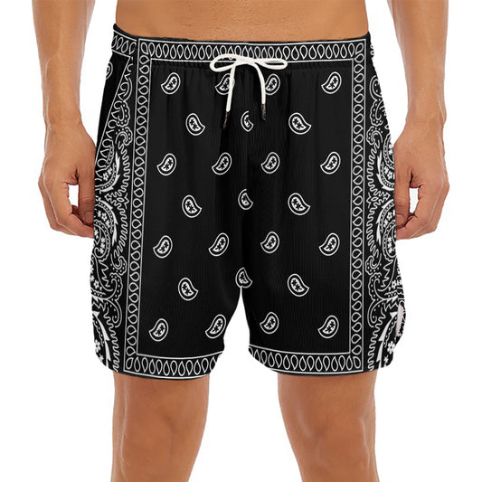 Black And White Paisley Bandana Print Men's Split Running Shorts