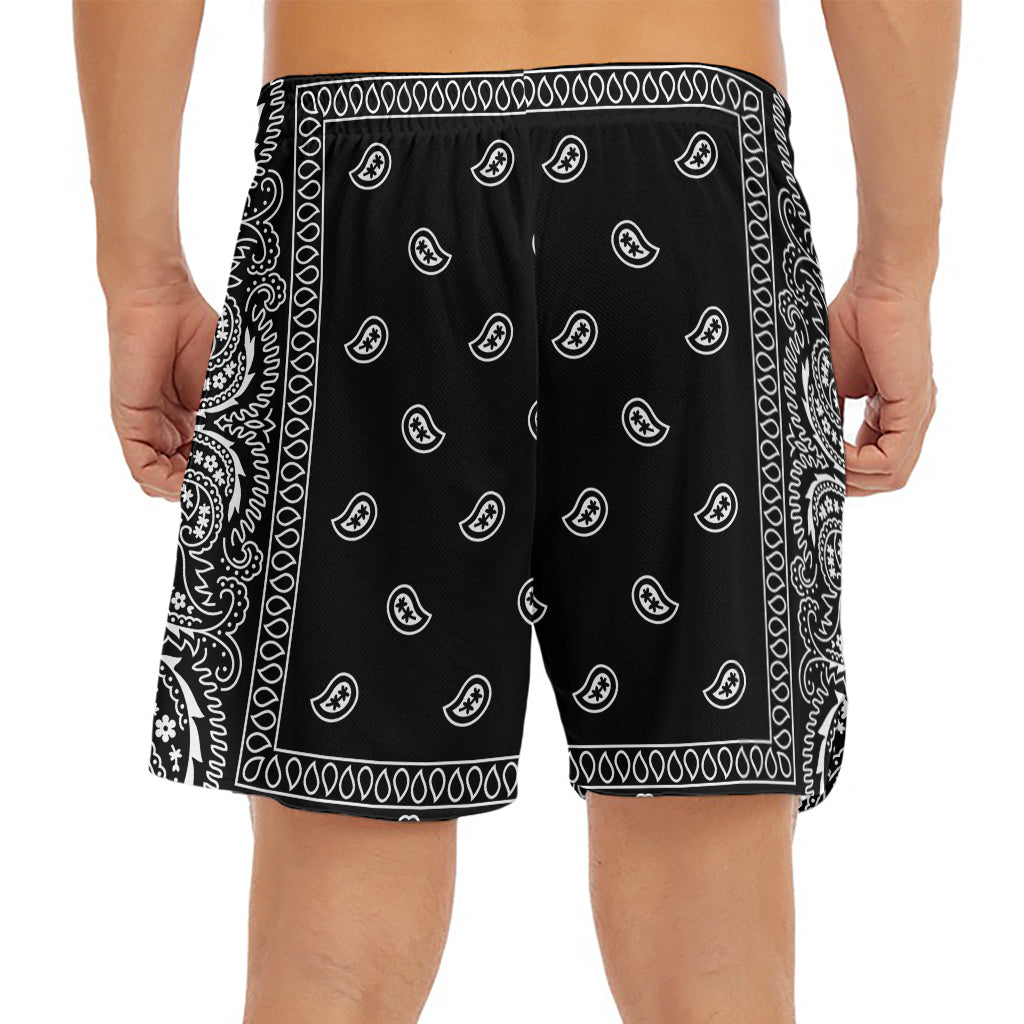 Black And White Paisley Bandana Print Men's Split Running Shorts