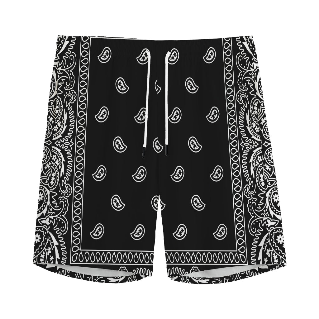 Black And White Paisley Bandana Print Men's Sports Shorts