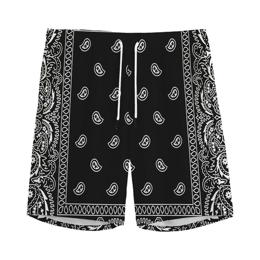 Black And White Paisley Bandana Print Men's Sports Shorts