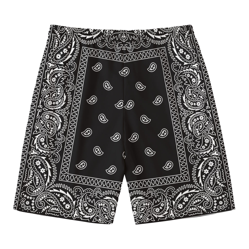 Black And White Paisley Bandana Print Men's Swim Trunks
