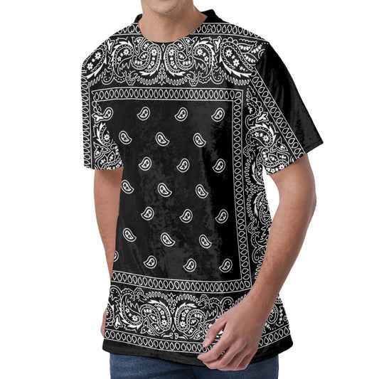 Black And White Paisley Bandana Print Men's Velvet T-Shirt
