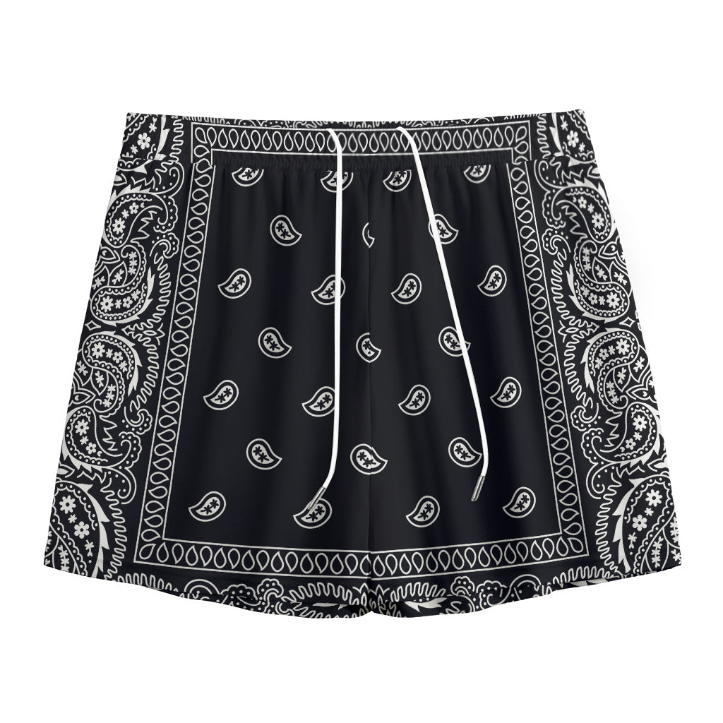 Black And White Paisley Bandana Print Mesh Shorts