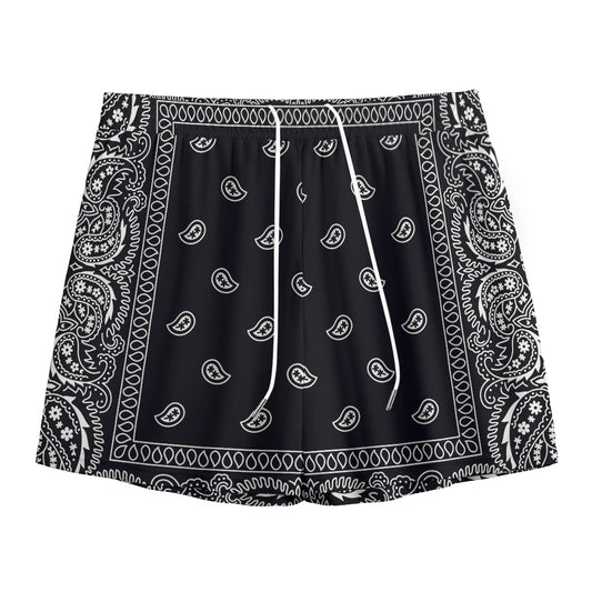 Black And White Paisley Bandana Print Mesh Shorts