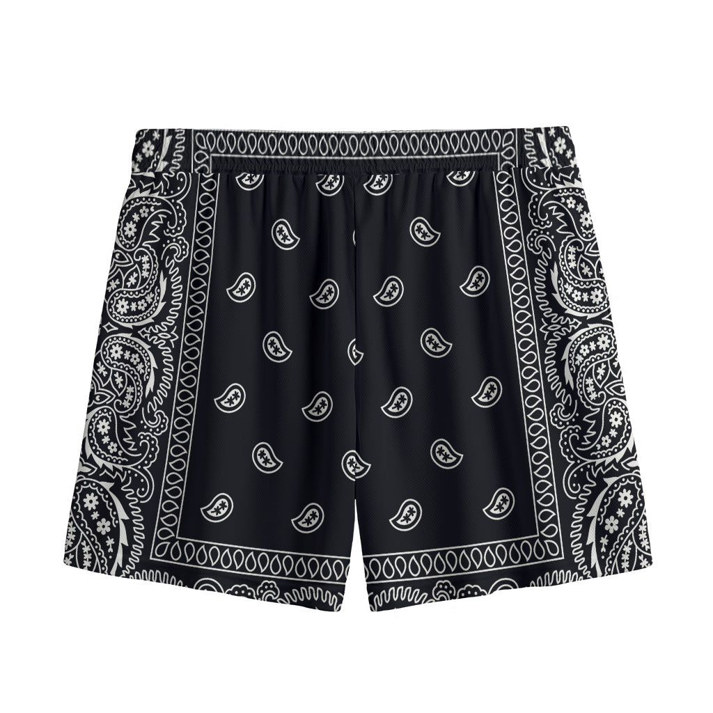 Black And White Paisley Bandana Print Mesh Shorts