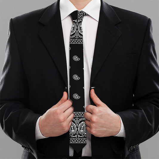 Black And White Paisley Bandana Print Necktie