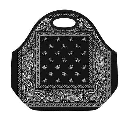 Black And White Paisley Bandana Print Neoprene Lunch Bag
