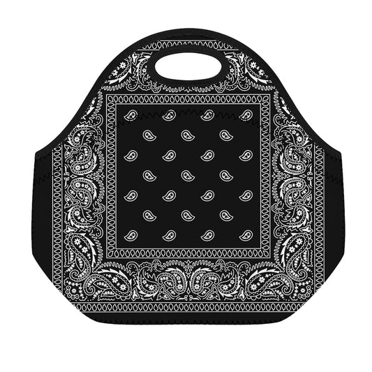 Black And White Paisley Bandana Print Neoprene Lunch Bag