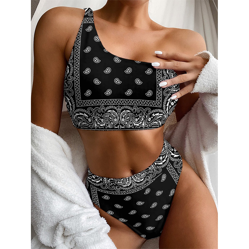 Black And White Paisley Bandana Print One Shoulder Bikini Top