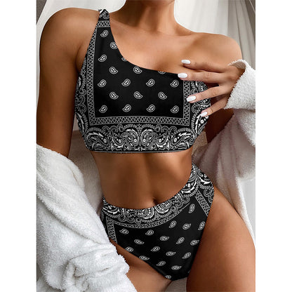 Black And White Paisley Bandana Print One Shoulder Bikini Top
