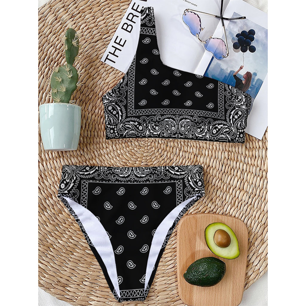 Black And White Paisley Bandana Print One Shoulder Bikini Top