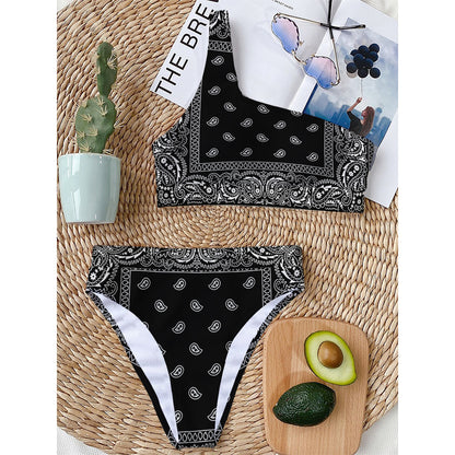 Black And White Paisley Bandana Print One Shoulder Bikini Top