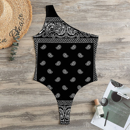 Black And White Paisley Bandana Print One Shoulder Bodysuit