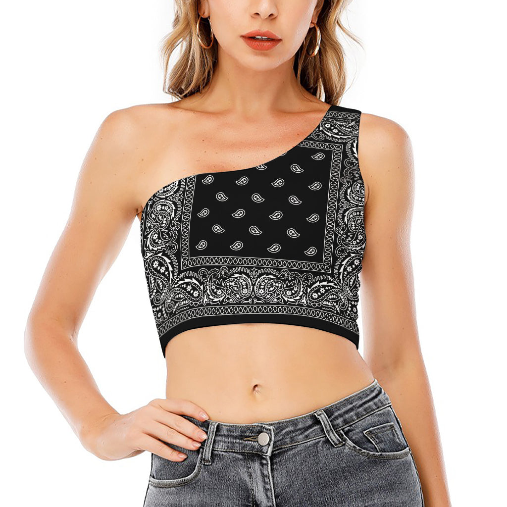 Black And White Paisley Bandana Print One Shoulder Crop Top