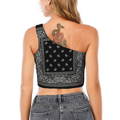 Black And White Paisley Bandana Print One Shoulder Crop Top