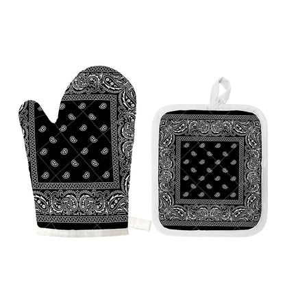 Black And White Paisley Bandana Print Oven Mitt And Pot Holder Set