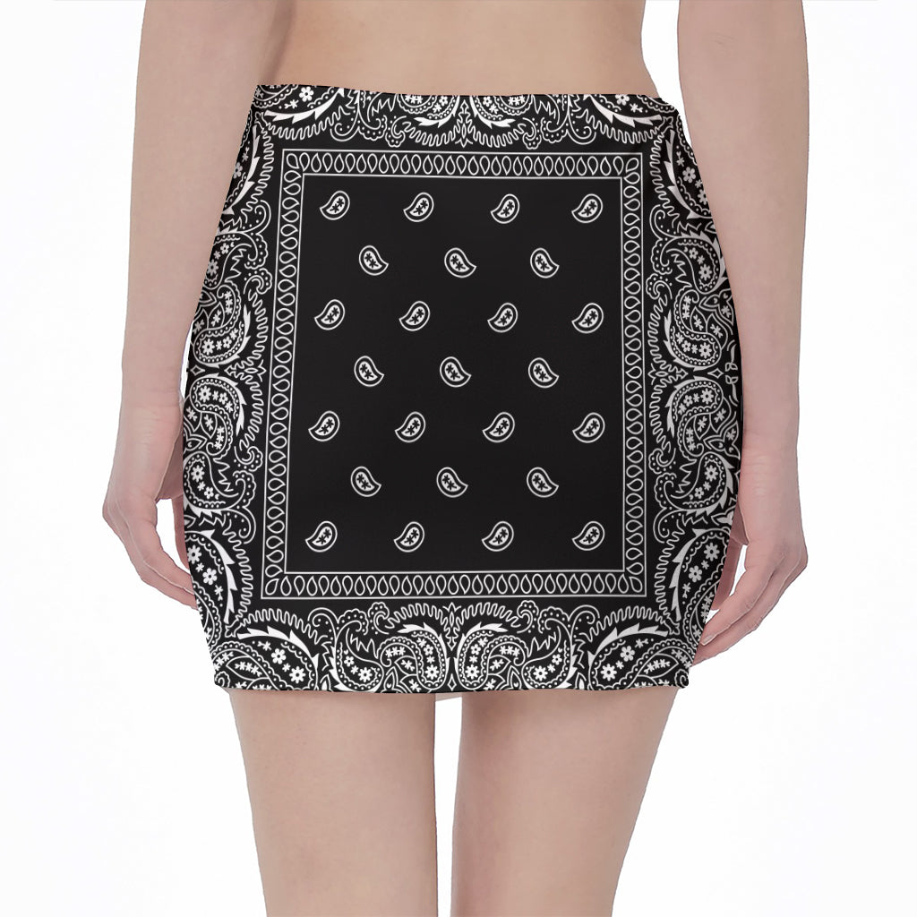 Black And White Paisley Bandana Print Pencil Mini Skirt