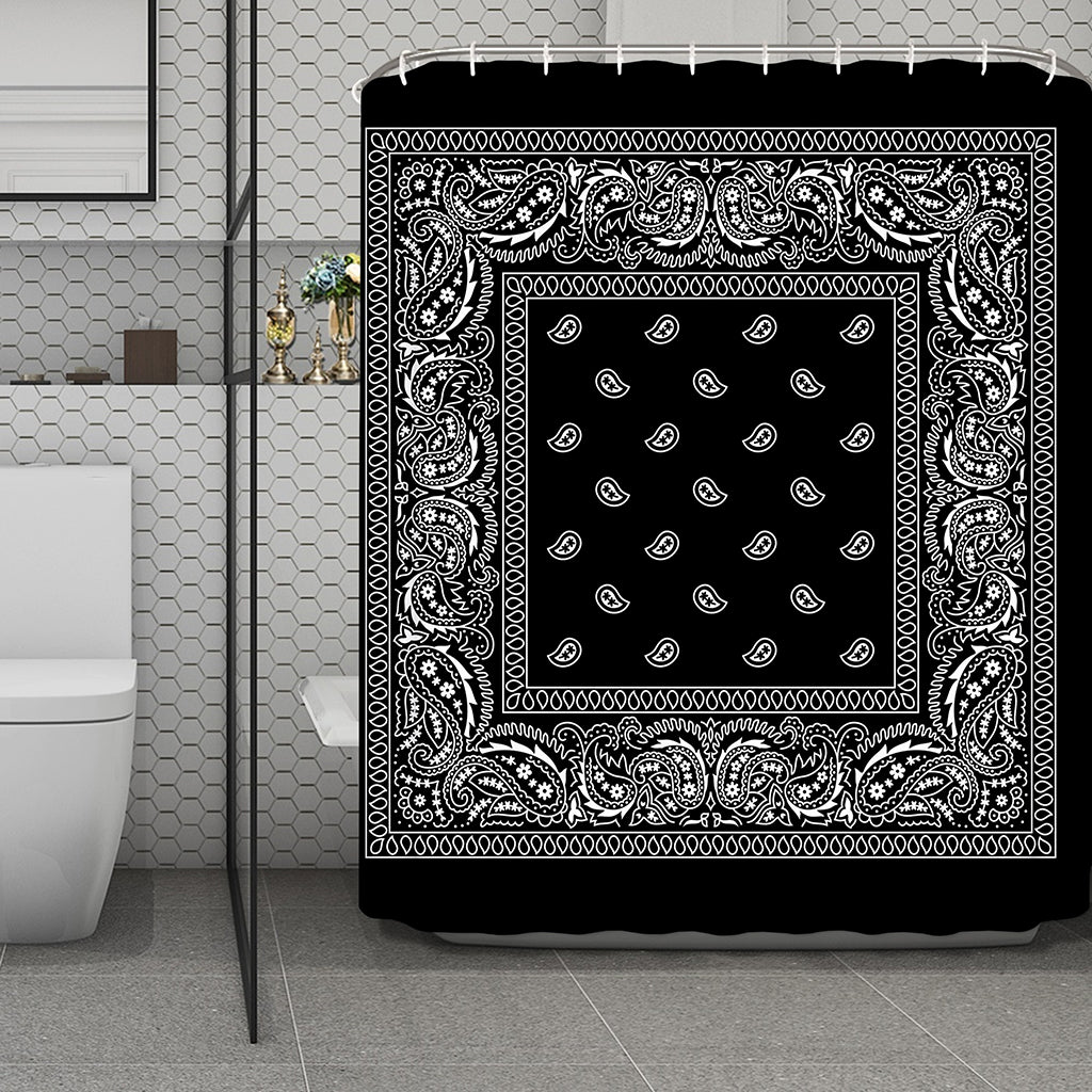 Black And White Paisley Bandana Print Polyester Shower Curtain