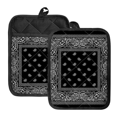 Black And White Paisley Bandana Print Pot Holders With Pocket