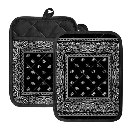 Black And White Paisley Bandana Print Pot Holders With Pocket