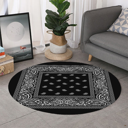 Black And White Paisley Bandana Print Round Rug