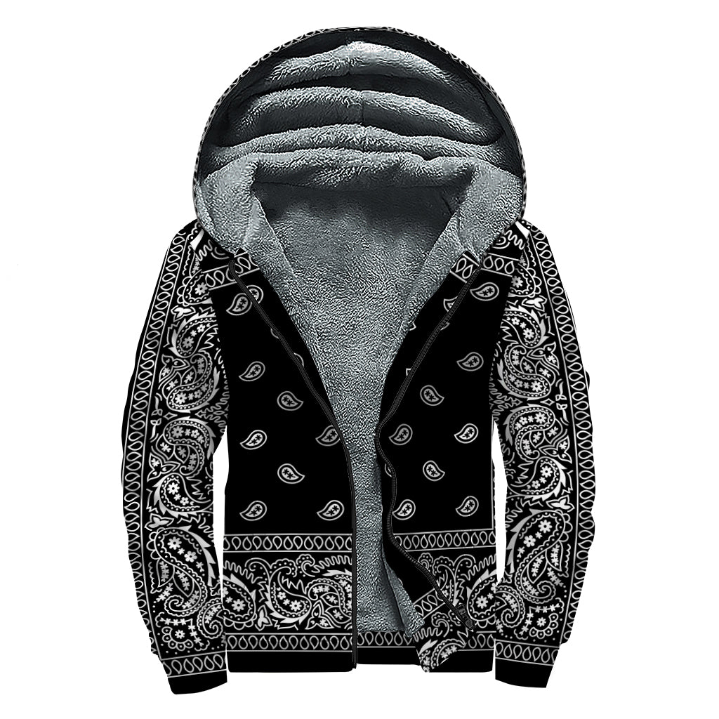 Black And White Paisley Bandana Print Sherpa Lined Zip Up Hoodie