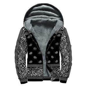 Black And White Paisley Bandana Print Sherpa Lined Zip Up Hoodie