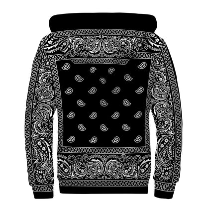 Black And White Paisley Bandana Print Sherpa Lined Zip Up Hoodie