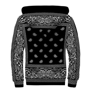 Black And White Paisley Bandana Print Sherpa Lined Zip Up Hoodie