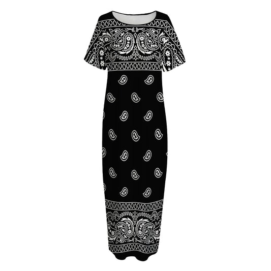 Black And White Paisley Bandana Print Short Sleeve Long Nightdress