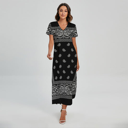 Black And White Paisley Bandana Print Short Sleeve Maxi Dress