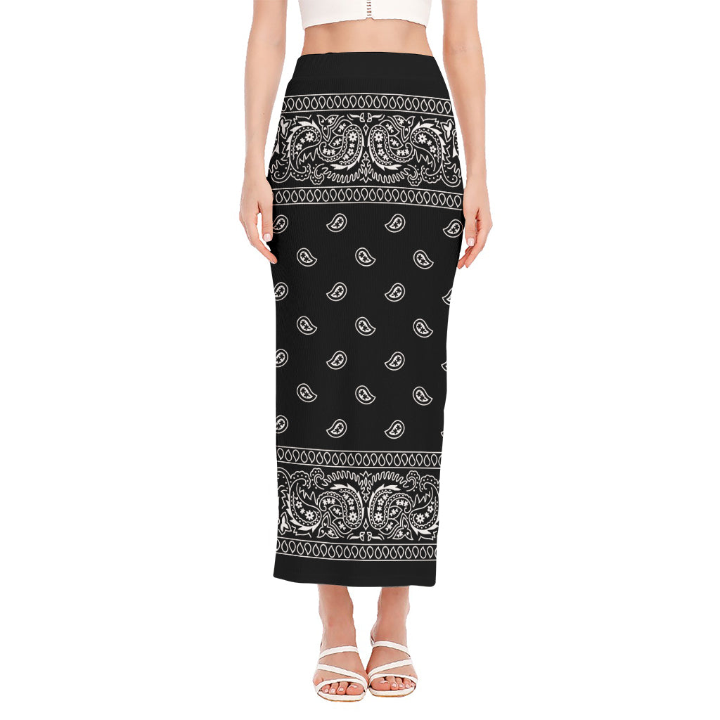 Black And White Paisley Bandana Print Side Slit Maxi Skirt