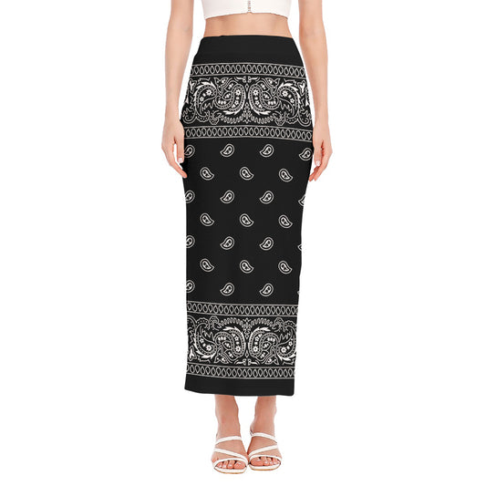 Black And White Paisley Bandana Print Side Slit Maxi Skirt