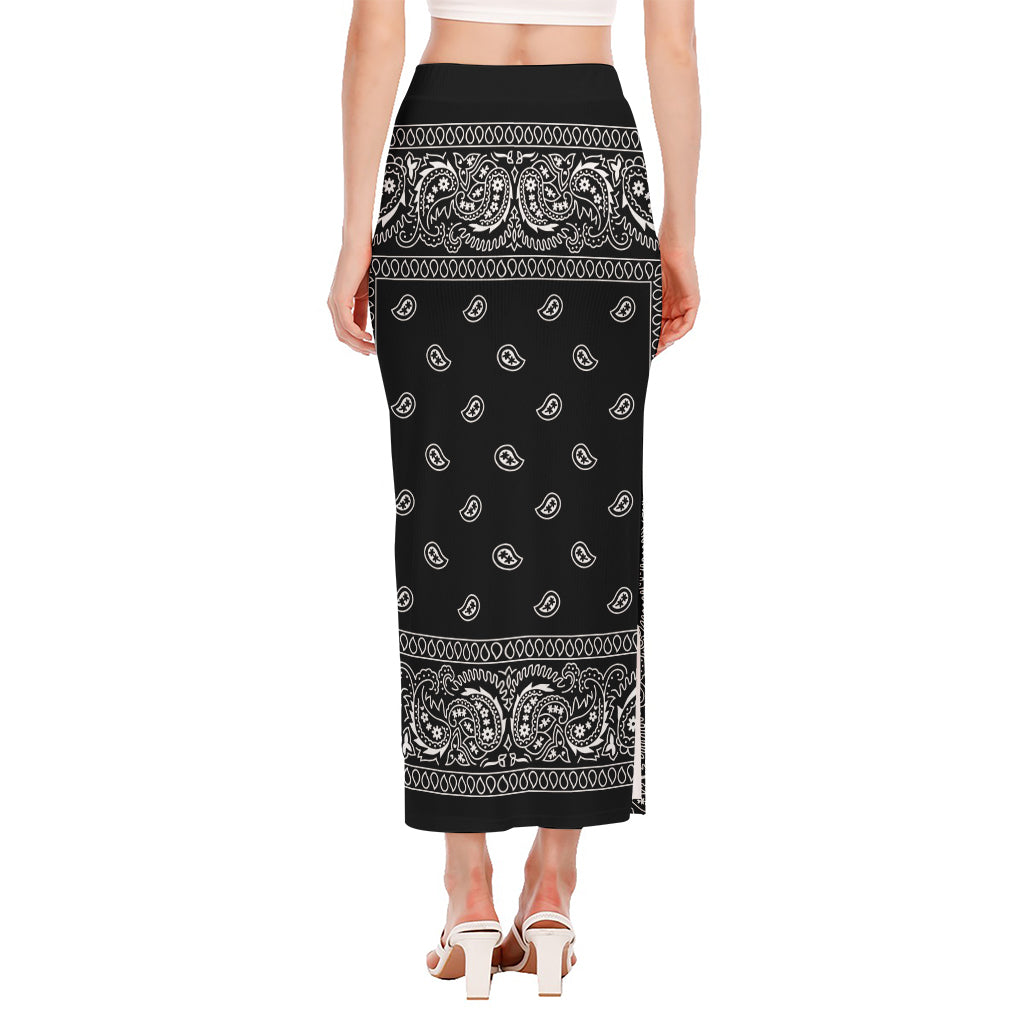 Black And White Paisley Bandana Print Side Slit Maxi Skirt