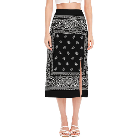 Black And White Paisley Bandana Print Side Slit Midi Skirt