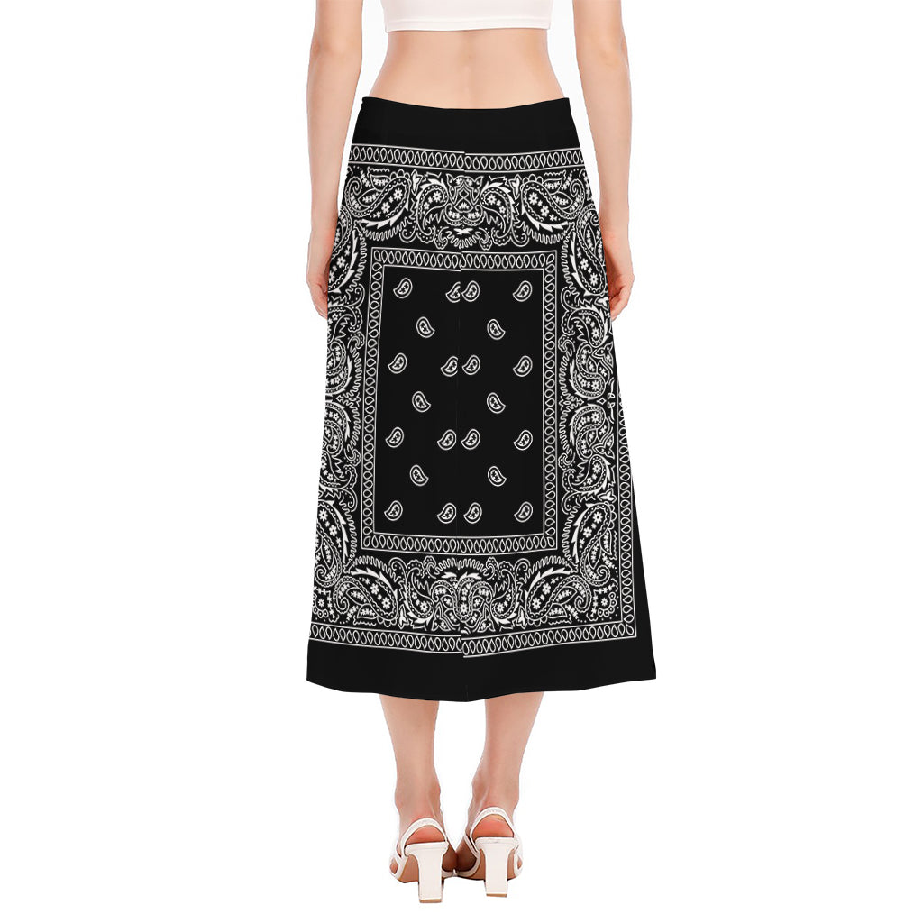 Black And White Paisley Bandana Print Side Slit Midi Skirt