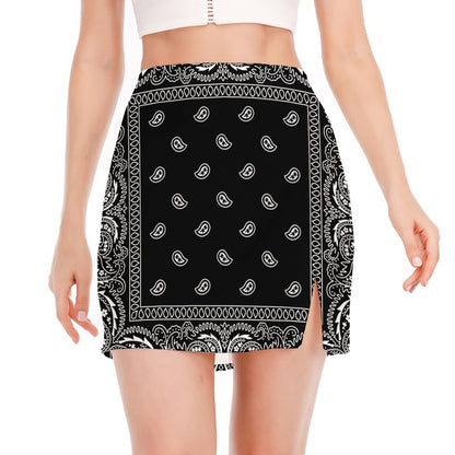 Black And White Paisley Bandana Print Side Slit Mini Skirt