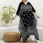 Black And White Paisley Bandana Print Silk V-Neck Kaftan Dress