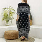 Black And White Paisley Bandana Print Silk V-Neck Kaftan Dress