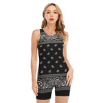 Black And White Paisley Bandana Print Sleeveless One Piece Swimsuit